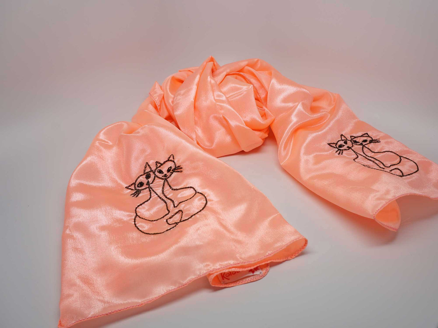 Salmon color embroidery handmade scarf - cat