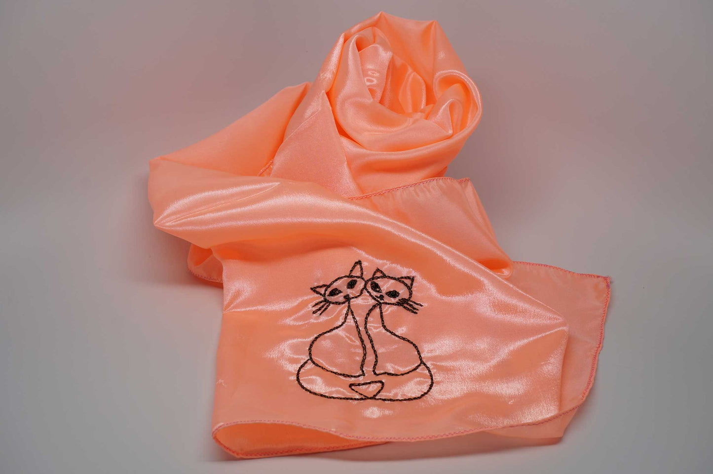 Salmon color embroidery handmade scarf - cat
