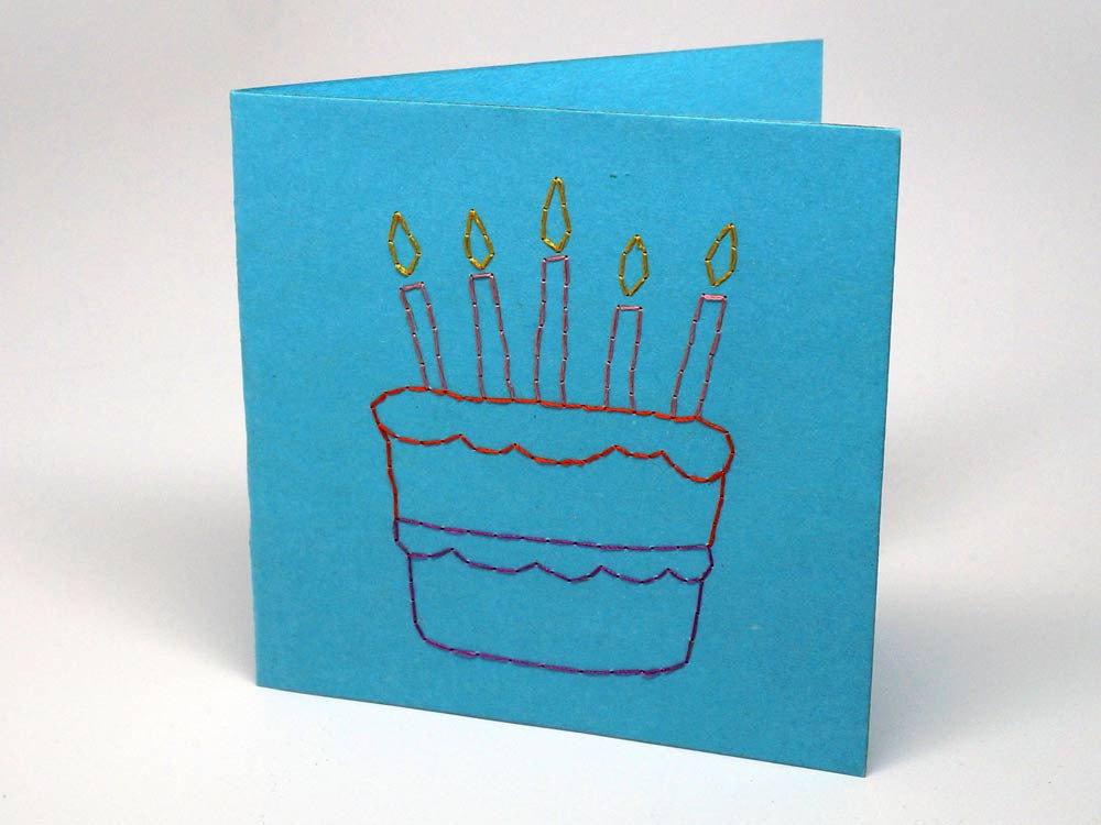 Sky-blue embroidered greeting card - cake