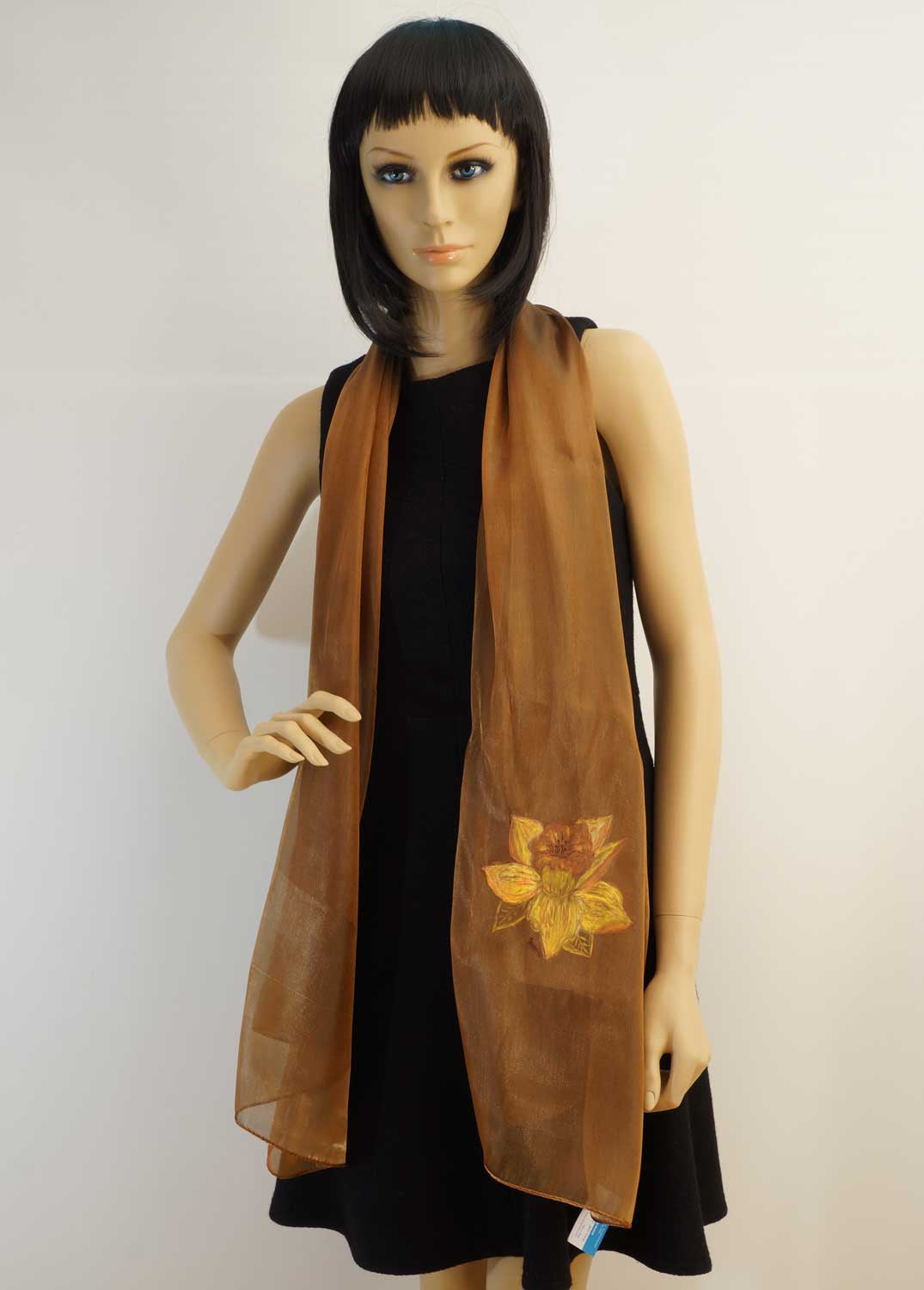 Flower hand painted brown scarf - Italian artist