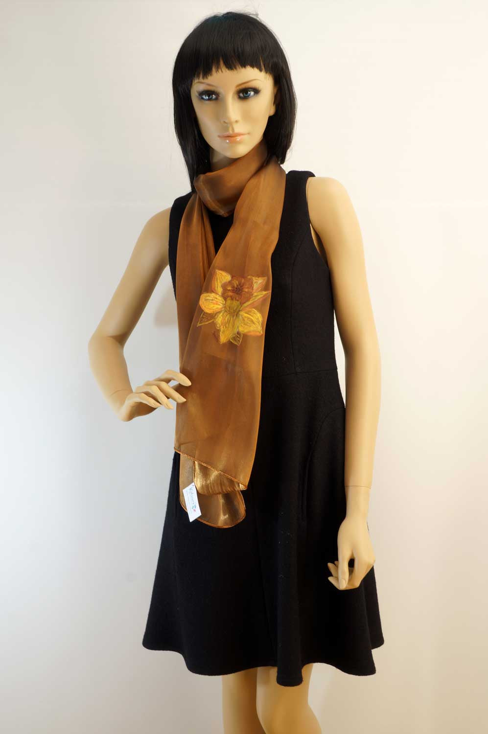 Flower hand painted brown scarf - Italian artist