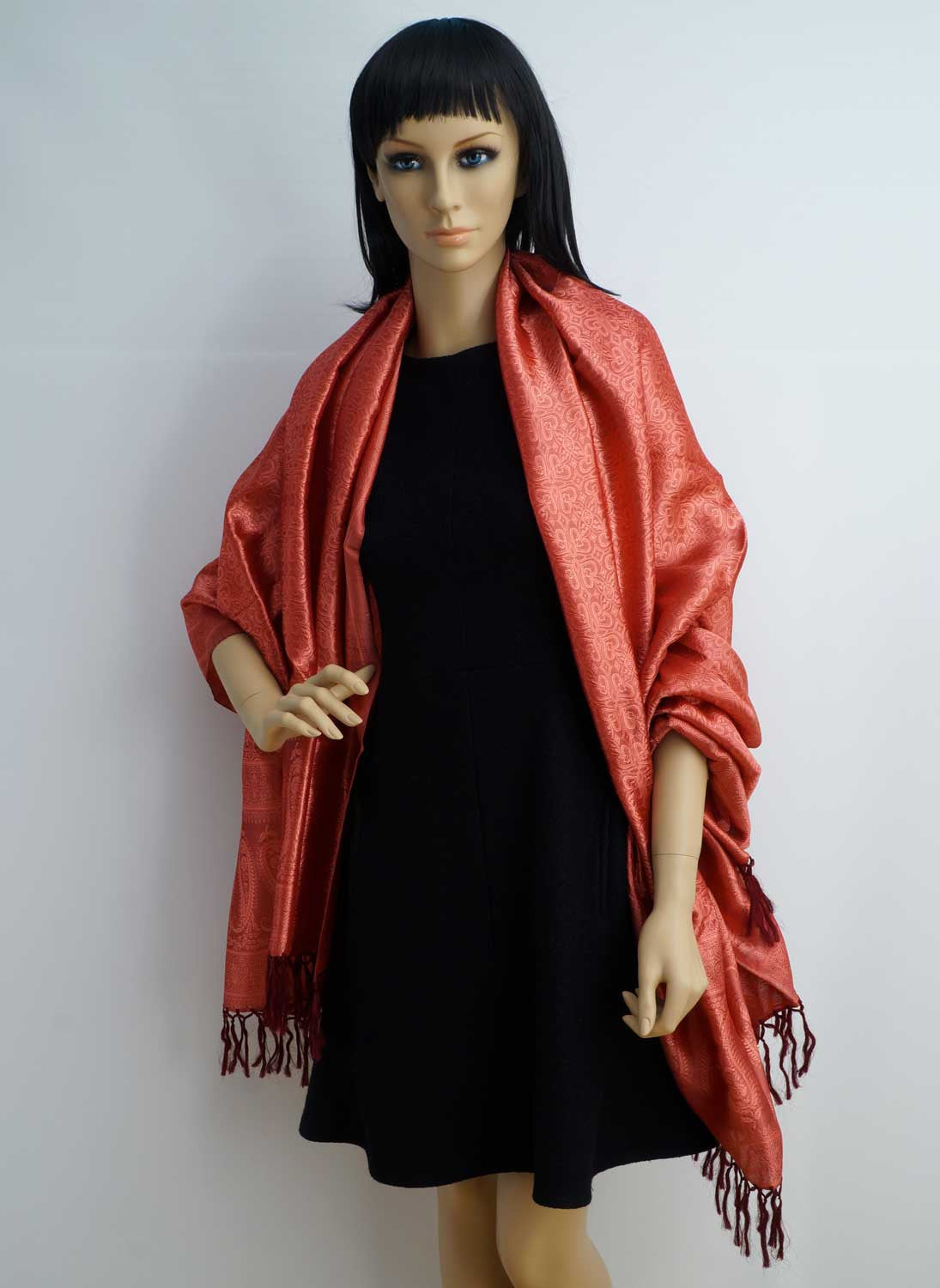 Coral red bright large silk shawl