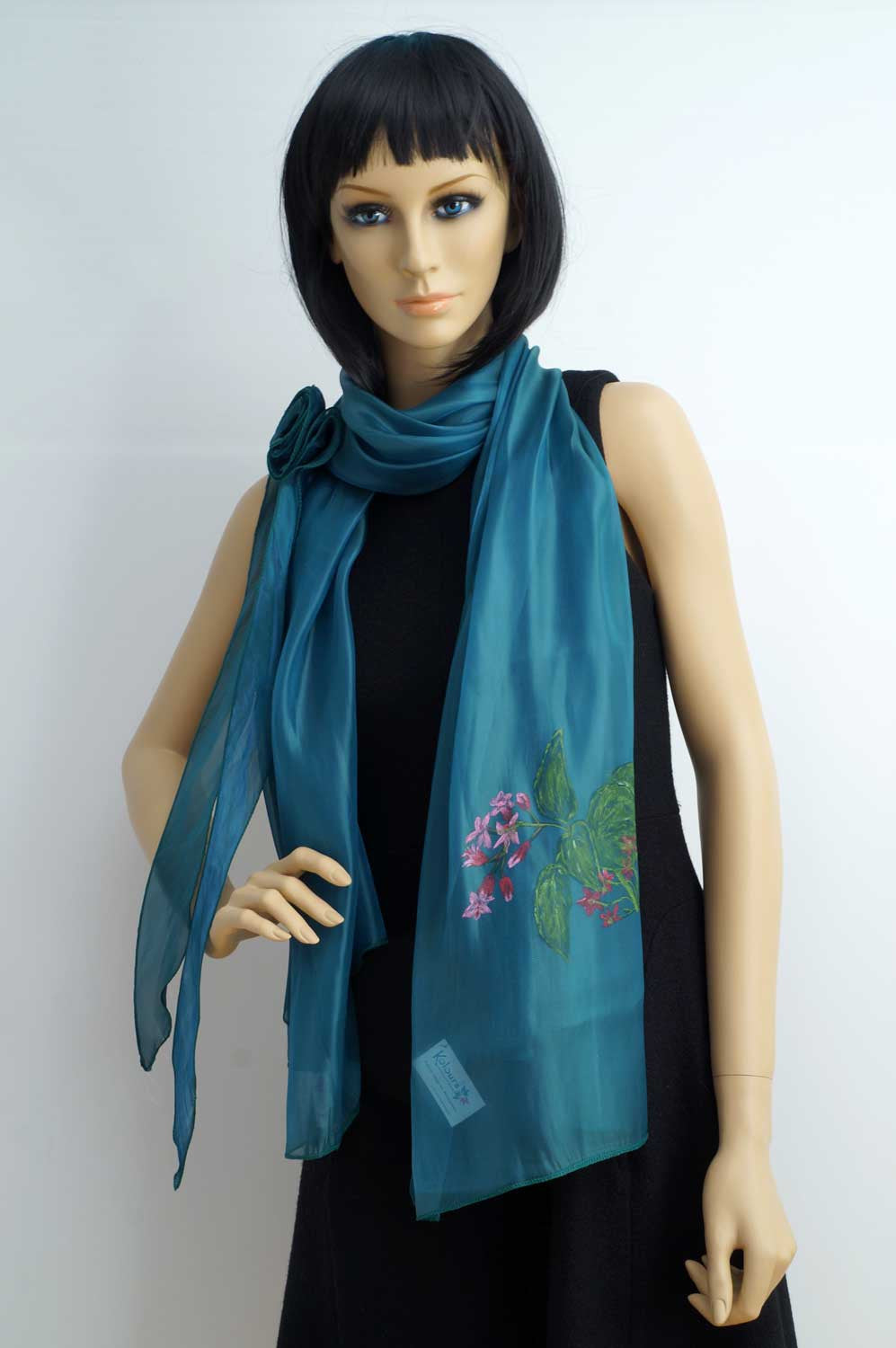 Flower hand painted green scarf