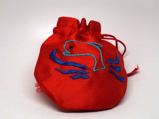 Red pouch with handmade embroidered dolphin