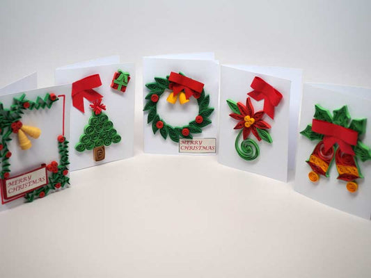 5 small Christmas cards handmade with paper filigree