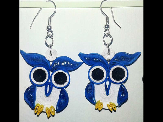 Blue owl birds handmade paper filigree earrings