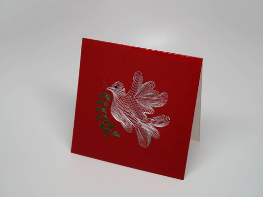 Red embroidered greeting card - dove