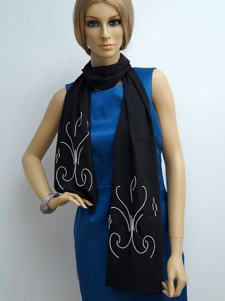 Pearls embroidered dark blue scarf