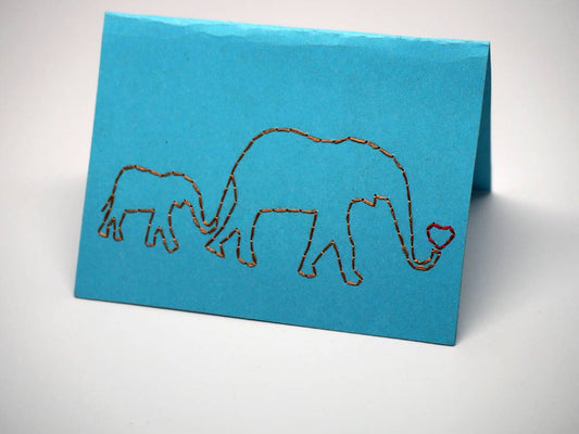 Sky-blue mummy and baby elephant embroidered small card