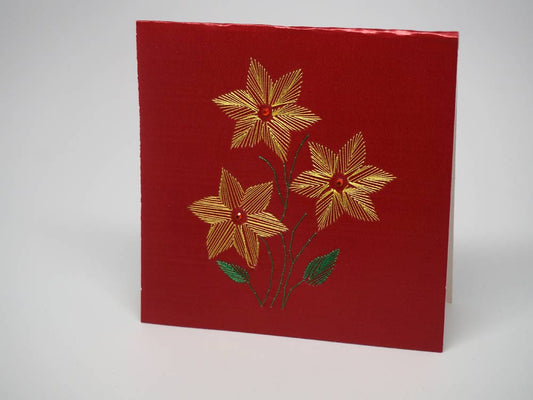 Red embroidered greeting card - flowers