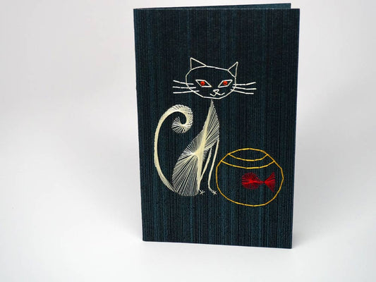Black embroidered greeting card - cat