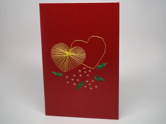 Red embroidered greeting card - hearts