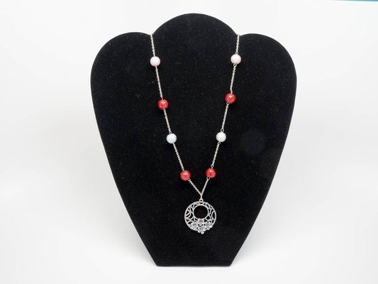 Handmade red and white necklace with pendant