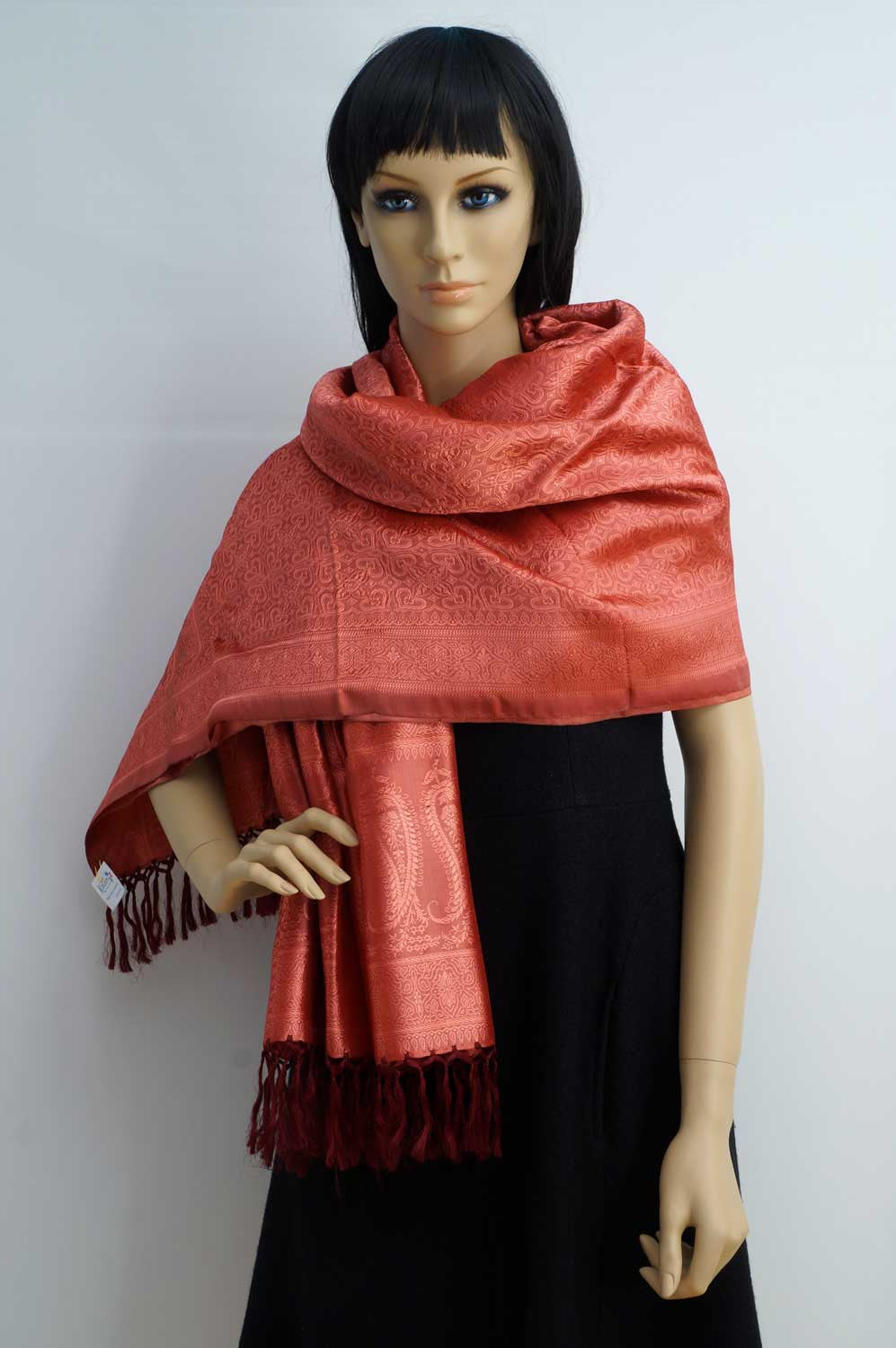 Coral red bright large silk shawl