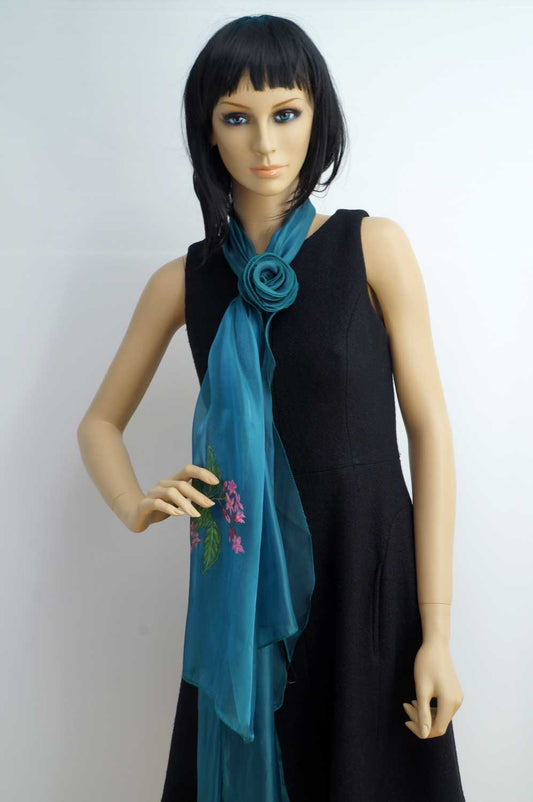 Flower hand painted green scarf