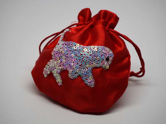 Red pouch with handmade embroidered dog