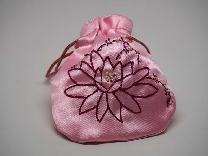 Pink pouch with handmade embroidered lotus flower