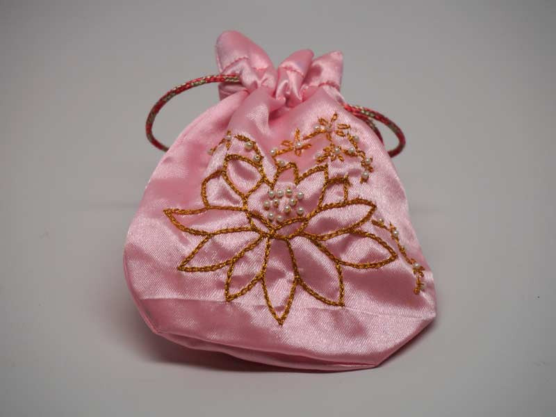 Pink pouch with handmade embroidered golden lotus flower