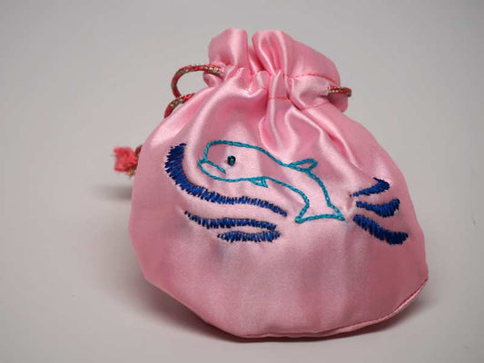 Pink pouch with handmade embroidered dolphin