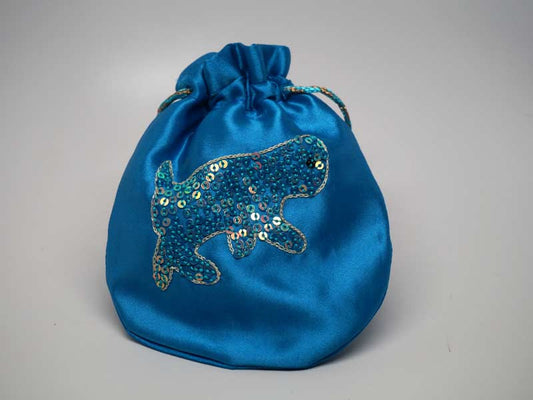 Blue pouch with handmade embroidered dog