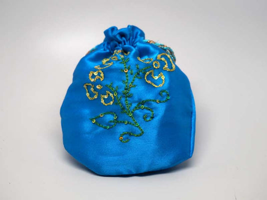 Blue pouch with handmade embroidered golden flower