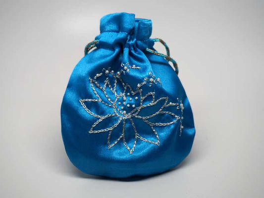 Blue pouch with handmade embroidered lotus flower