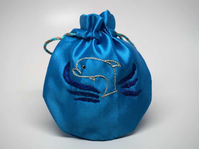 Blue pouch with handmade embroidered dolphin