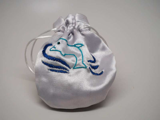 White pouch with handmade embroidered dolphin