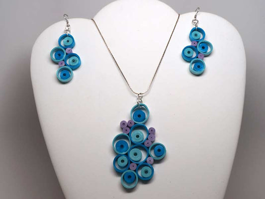 Handmade paper filigree blue necklace and earrings