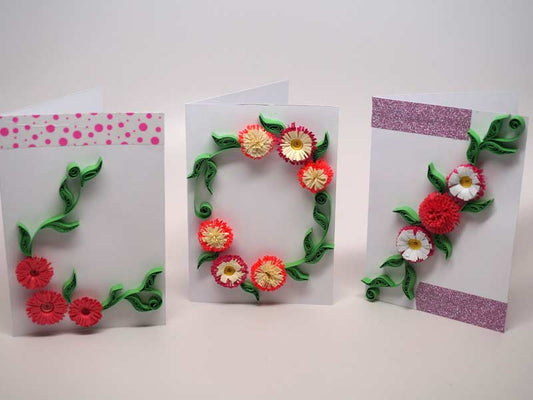 3 Paper filigree handmade flowers small cards