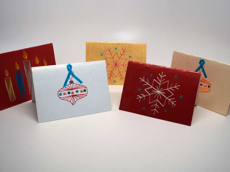5 assorted small Christmas cards with handmade embroidery