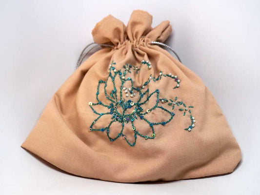 Cipria color large pouch with handmade embroidered lotus flower
